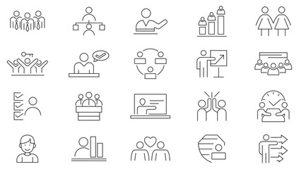 People line icon set. Society, teamwork, cooperation, human resources, avatars, people, achievement, cooperation, leadership, meeting, management, togetherness, line icon set. UI thin line icon pack.