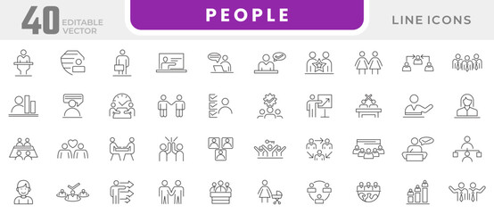 People line icon set. Society, teamwork, cooperation, human resources, avatars, people, achievement, cooperation, leadership, meeting, management, togetherness, line icon set. UI thin line icon pack.