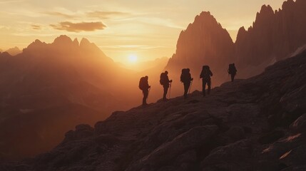 Fototapeta premium Hikers silhouetted against a vibrant sunset in a mountainous landscape.
