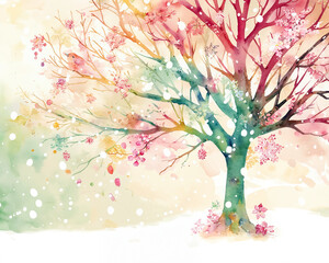 Obraz premium Playful Winter Tree with Soft Pastel Colors, kid-friendly decor, holiday fun, children's book illustration, classroom art, gift wrap design, poster, greeting card, invitation