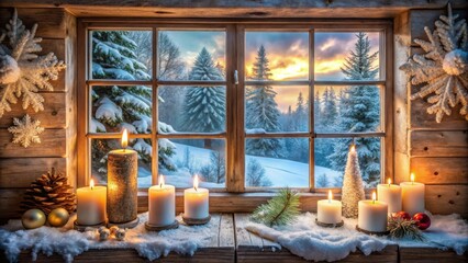 Obraz premium A Cozy Cabin Window with a View of a Snowy Forest and a Sunset, Lit by Candlelight
