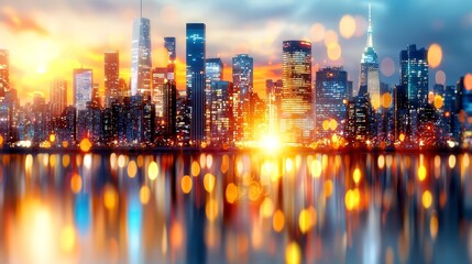 Obraz premium A city skyline at night with a reflection in the water