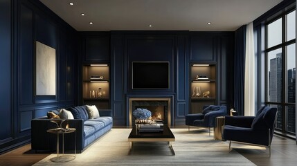 A chic and minimalist room with navy blue walls, stylish furnishings, and warm lighting creating a serene and sophisticated living space.