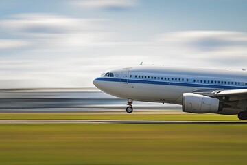 Naklejka premium A plane in motion on a runway, capturing the essence of air travel.