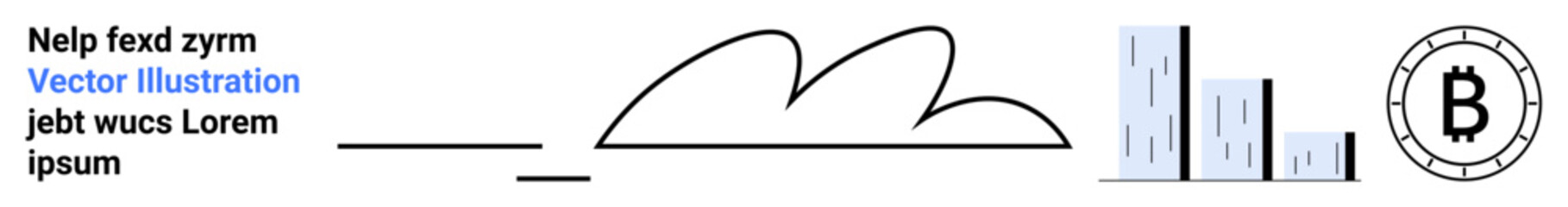 Text lines, cityscape with skyscrapers, minimalist cloud, Bitcoin symbol. Ideal for marketing, finance, technology, digital currency, urban design, graphic design, and web development. Landing page