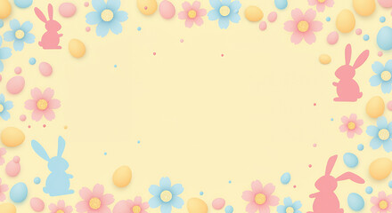 Easter Pastel Background with Spring Flowers and Bunny Silhouettes