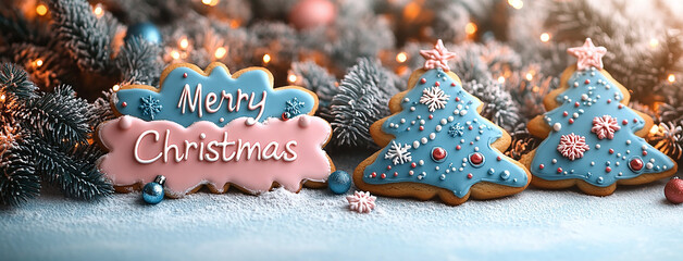 Wide landscape aligned seasonal Xmas cover background banner with colorful cute 3D Christmas tree shaped cookies in order with beautiful decorated icing 