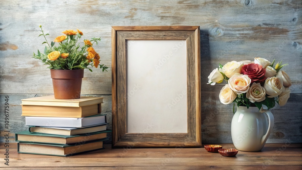 Poster rustic still life featuring a stack of books, a blank frame, and a bouquet of flowers in a white jug