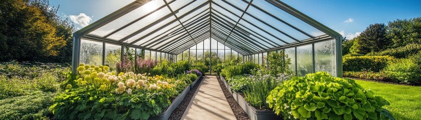 A vibrant greenhouse filled with various plants and flowers, showcasing a serene environment.