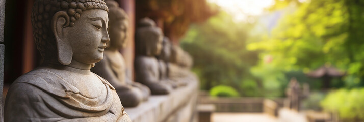 Obraz premium A serene row of Buddha statues in an outdoor area surrounded by lush greenery, capturing spirituality, calmness, and peace in a natural environment.