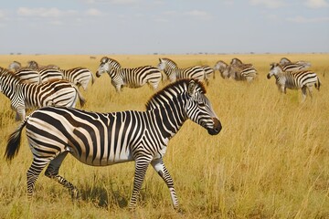 Obraz premium Zebras grazing in golden grasslands under a blue sky