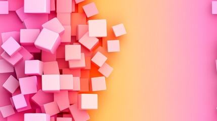 Obraz premium A vibrant display of three-dimensional pink cubes arranged dynamically against a gradient background, creating a modern, abstract aesthetic.