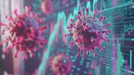 A close-up of a financial chart with superimposed virus cells, showcasing how global pandemics influence market trends and economic performance.