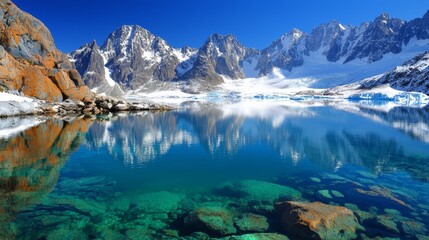 Obraz premium A mountain range is reflected in the water of a lake