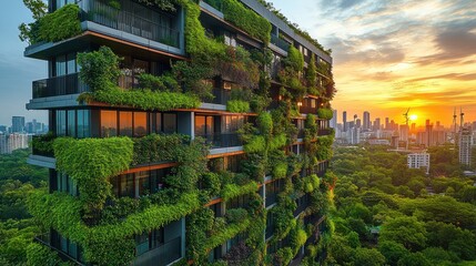 Fototapeta premium Vertical Green Paradise: Eco-Friendly Skyscraper at Sunset