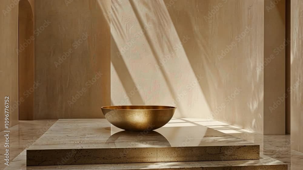 Poster a golden bowl sits prominently on a marble pedestal. sunlight filters through, casting soft shadows 