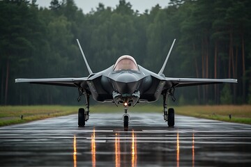 A sleek military jet on a wet runway, showcasing advanced aerodynamics and technology.