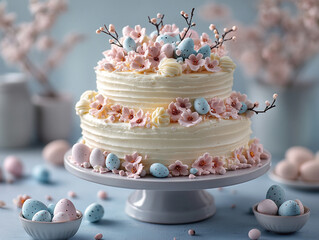 Two tier frosted decorated easter cake with egg candy and flowers