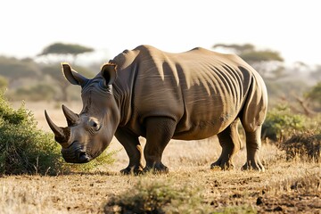 Obraz premium Rhino grazing in the savanna during golden hour lighting