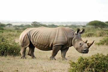 Obraz premium Massive rhinoceros walking through the savannah landscape