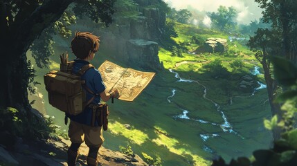 Illustration of an adventurer finding place with a map