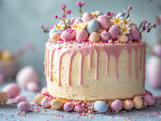 Easter decorated cake with candy eggs and frosted flowers