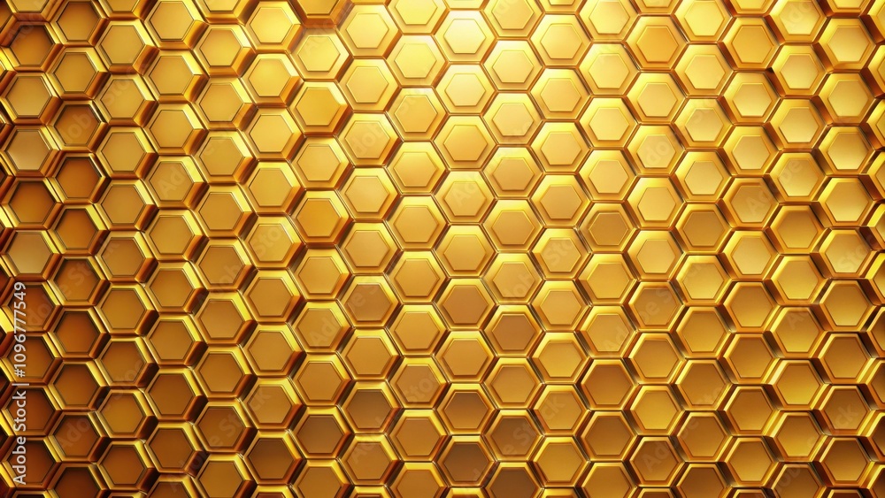 Poster Golden Hexagonal Pattern Background with 3D Depth and a Subtle Shine