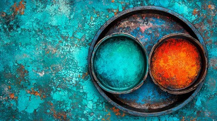 A close up of two bowls of paint on a blue surface