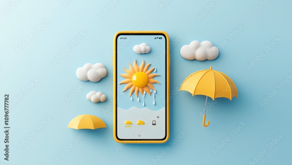 Aufkleber a smartphone displaying a sunny weather forecast with umbrellas and clouds.