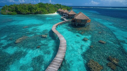 Obraz premium Stunning tropical overwater bungalows rise above crystal clear turquoise waters in a serene island setting