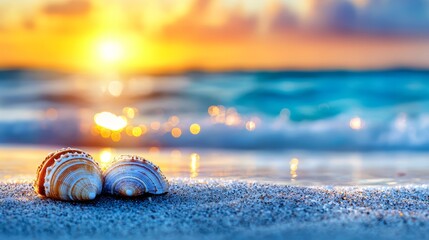 A couple of seashells sitting on top of a sandy beach
