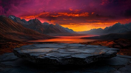 Fototapeta premium A sunset over a mountain range with a lake in the foreground