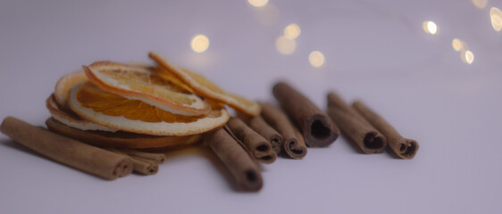 Cup of tea. Cinnamon and oranges. 