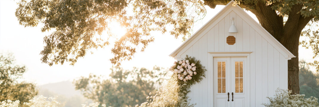 A quaint white house sits nestled under a large tree adorned with a floral wreath, captured in warm sunlight conveying homeliness and serenity.