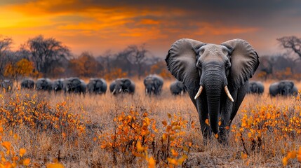 Obraz premium A herd of elephants walking through a field of tall grass