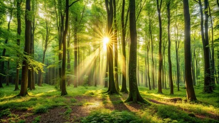 Obraz premium Golden rays of sunlight pierce through the dense canopy of a lush, green forest, illuminating the forest floor with a warm, ethereal glow.