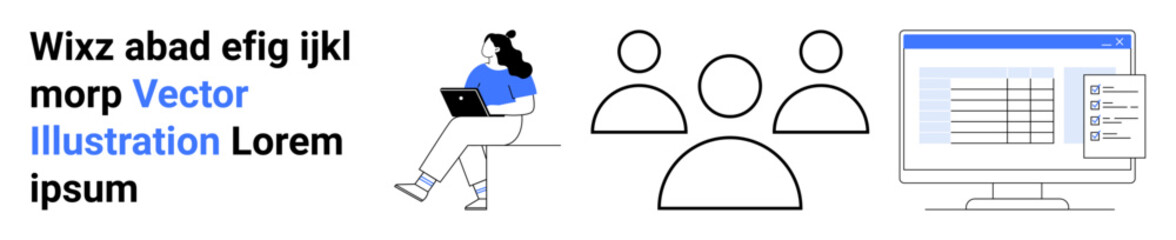 Woman with laptop working, three simple user icons, and computer screen with spreadsheets. Ideal for teamwork, remote work, data management, online tools, collaborative platforms, technology