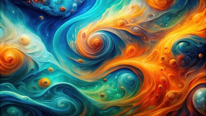 Cosmic Swirls A Symphony of Orange, Blue, and Green, Intertwined with Whimsical Galaxies and Scattered Orbs