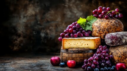 A bunch of grapes, apples and cheese on a wooden table