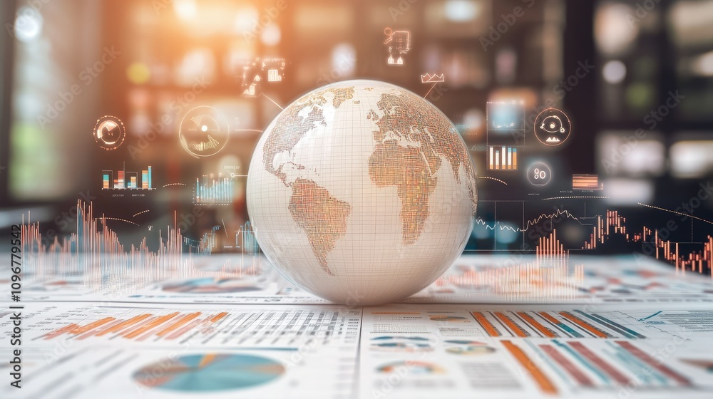 Poster A digital rendering of a 3D globe surrounded by global competitor icons and analysis graphs, depicting a competitive market analysis and strategic insights.