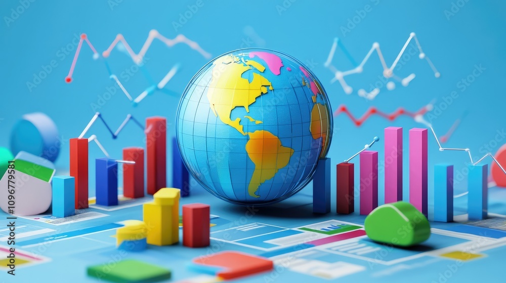 Poster A digital rendering of a 3D globe surrounded by global competitor icons and analysis graphs, depicting a competitive market analysis and strategic insights.