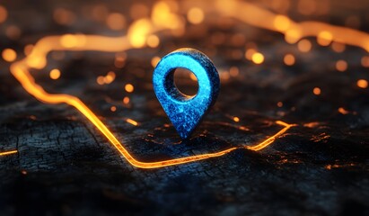 3D render of a blue location pin icon on an abstract background with map lines, a place marker, a blurred dark background
