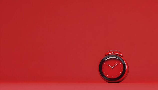 Red alarm clock on a red background with copy space for text. 3D rendering illustration of a retro alarm watch. Time concept, banner design. 