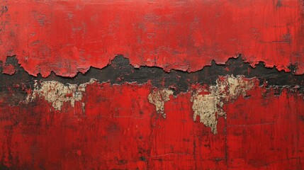 A distressed red wall with layers of peeling paint, cracks, and rough textures, perfect for showcasing an urban or vintage aesthetic.