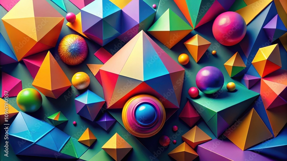 Poster a vibrant symphony of geometric shapes, rendered in a spectrum of colors, creates a captivating abst