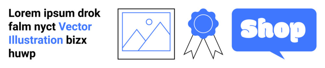 Lorem ipsum text next to three icons including an image icon, a ribbon badge, and the word shop in a speech bubble. Ideal for advertisements, business promotions, e-commerce sites, retail, graphic