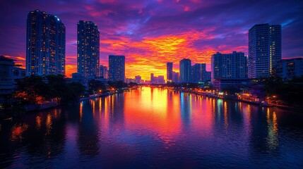 Fototapeta premium A vibrant sunset illuminates a city skyline, reflecting hues of purple, orange, and gold on the water, creating a breathtaking urban landscape.