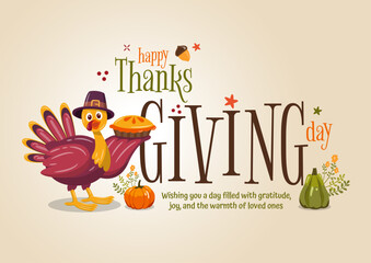Thanksgiving greeting card with a turkey bird, pumpkins, and leaves