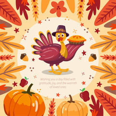 Thanksgiving greeting card with a turkey bird, pumpkins, and leaves