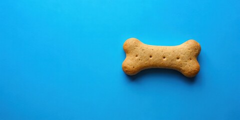 A single dog bone cookie rests on a bright blue background, a simple treat for a furry friend.